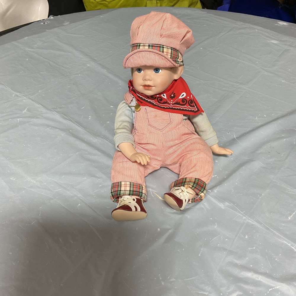 Pink Corduroy Baby Doll in Plaid Trim with Red Bandana